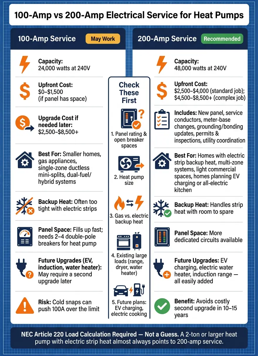 100-Amp vs 200-Amp Service for Heat Pumps: Side-by-Side Cost & Capacity Comparison