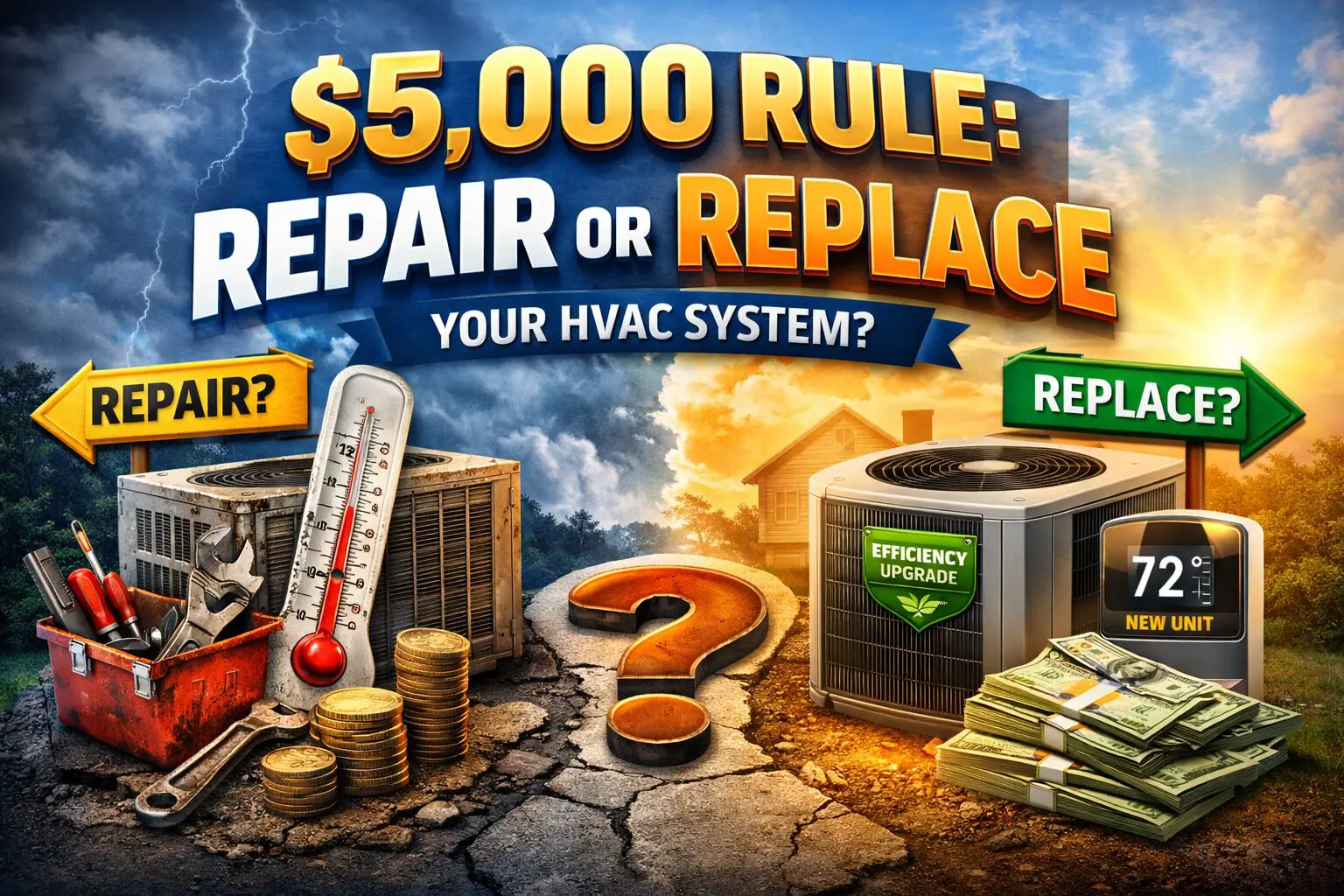 $5,000 rule for HVAC explaining when to repair or replace a furnace, air conditioner, heat pump, or boiler