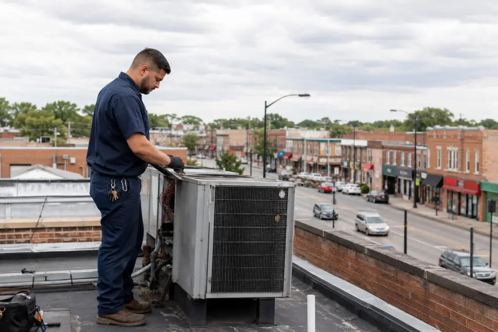 HVAC technician arriving for a furnace repair call at a brick Georgian home in Evergreen Park, IL