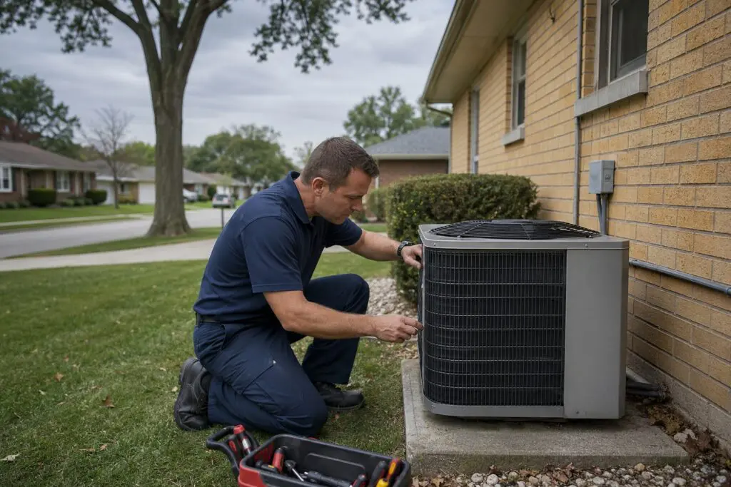 HVAC technician diagnosing a gas furnace during a repair call in Justice, IL