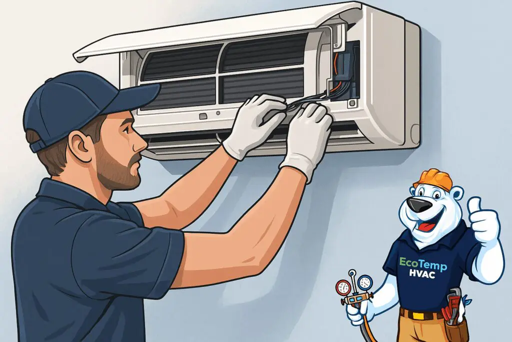 HVAC technician servicing a wall-mounted ductless mini split unit with Eco Temp HVAC's polar bear mascot giving a thumbs-up.