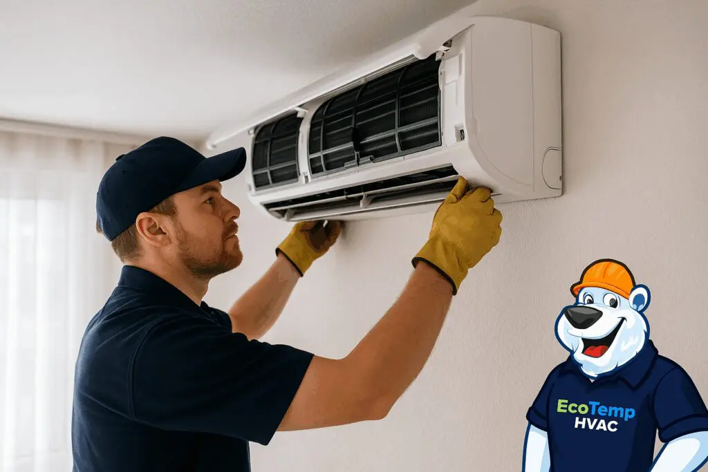 HVAC technician installing a ductless mini split system in a residential home in Palos Heights IL, with Eco Temp HVAC logo in the corner.