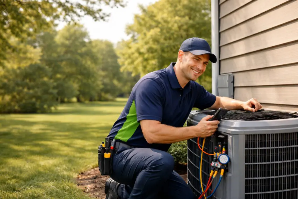 HVAC technician installing central air conditioning unit in St. Charles IL residential home
