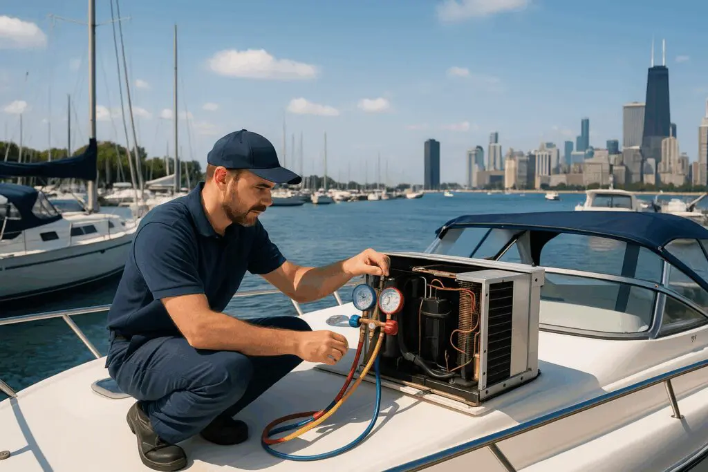 Marine HVAC technician repairing boat air conditioning system at a Chicago marina with skyline in background
