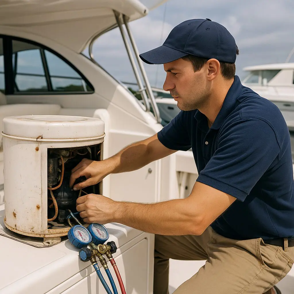 Marine HVAC technician servicing a boat air conditioning unit at a Chicago marina