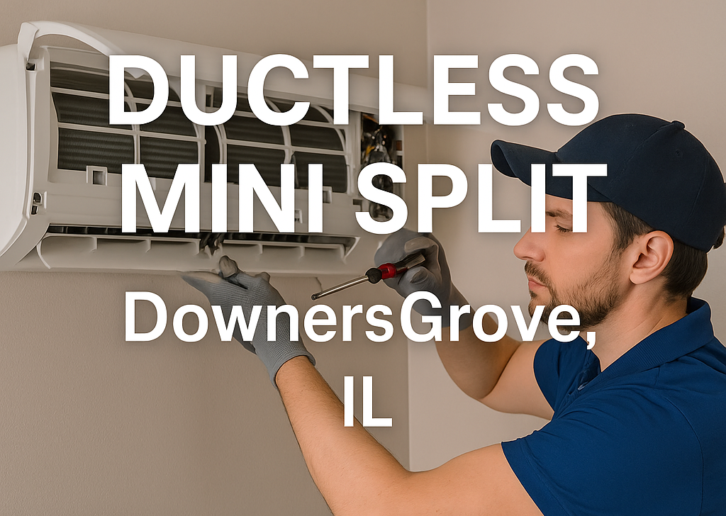 Eco Temp HVAC technician installing a ductless mini split system in Downers Grove, IL for energy-efficient home comfort.