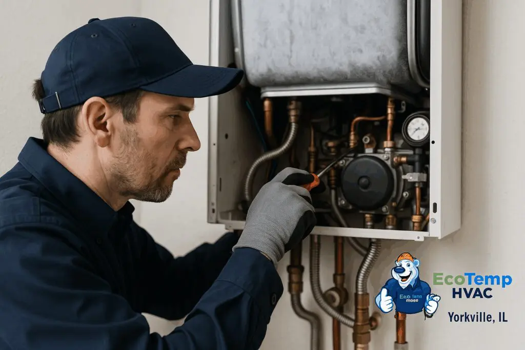 Eco Temp HVAC technician repairing a residential boiler system in Yorkville, IL, ensuring optimal heating performance and efficiency.