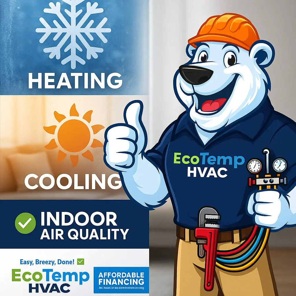 Eco Temp HVAC mascot promoting professional furnace repair, maintenance, and installation services in Yorkville, IL.