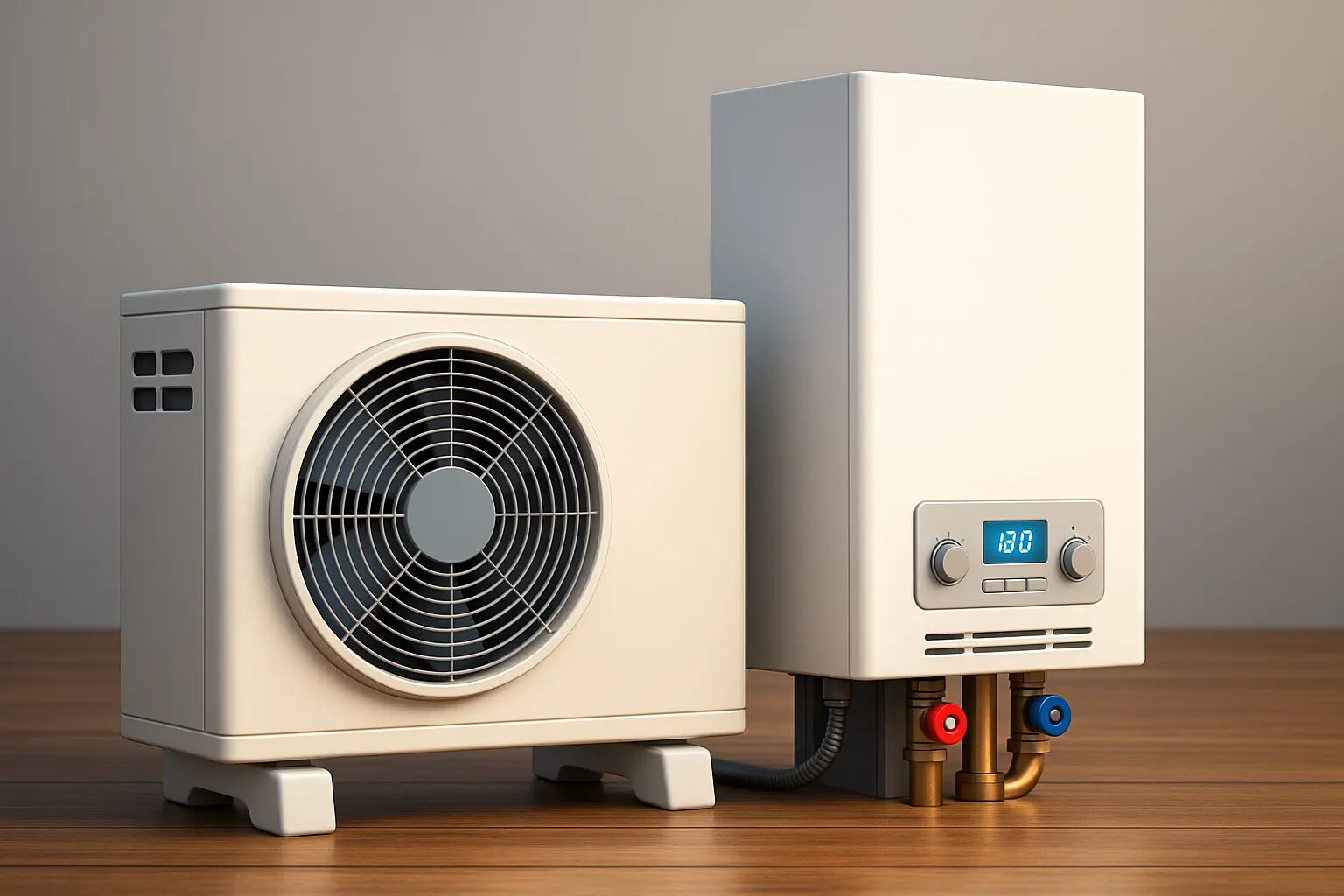 3D illustration of a modern heat pump and boiler side by side in a Chicago home, showing energy-efficient HVAC systems for heating and cooling comparison.