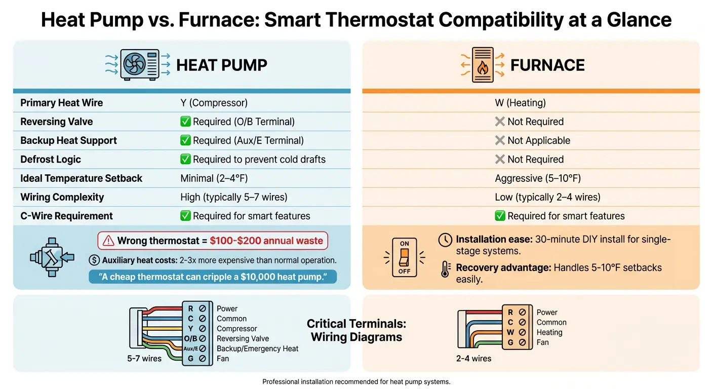 Heat Pump vs Furnace Smart Thermostat Compatibility Comparison Chart