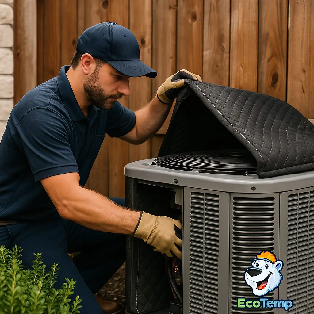 HVAC technician inspecting outdoor air conditioning unit in Chicago for maintenance and repair – Eco Temp HVAC.