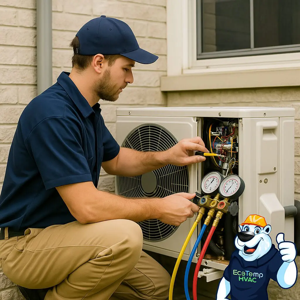 HVAC technician servicing an air conditioning unit in Niles, IL for Eco Temp HVAC