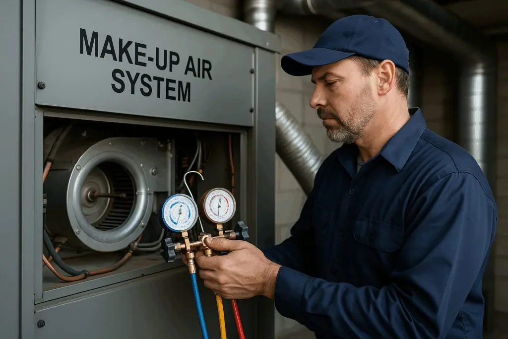 HVAC technician working on a commercial make-up air system installation in Chicago