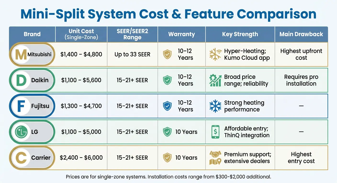Mini-Split System Cost Comparison by Brand: Equipment, Labor, and Efficiency Ratings