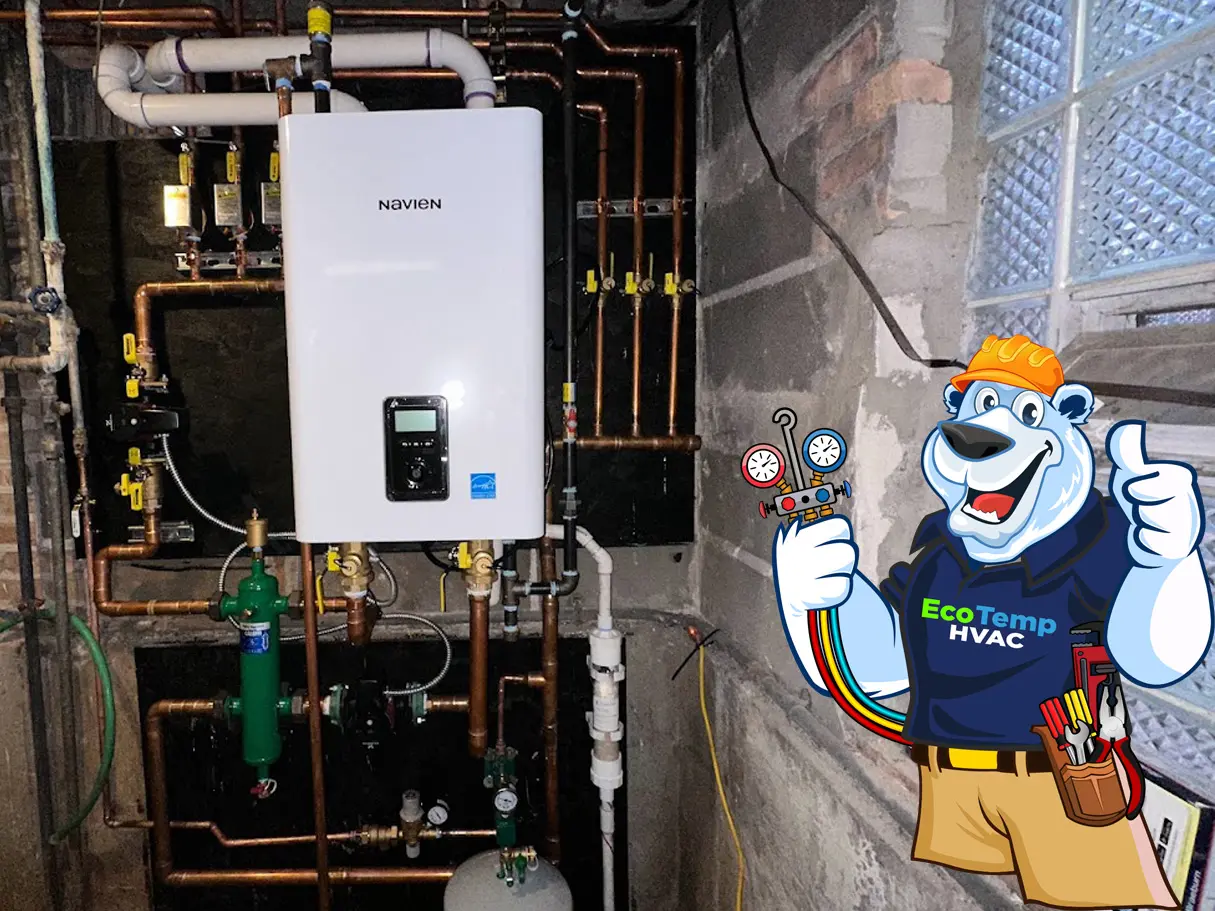 A Navien boiler system mounted on the wall of a Chicago basement.