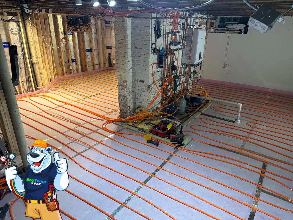 Hydronic radiant heat flooring installation in a Chicago basement, showing orange PEX tubing and boiler manifold system by Eco Temp HVAC.