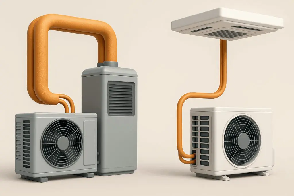 3D illustration comparing SpacePak high velocity HVAC system and ductless mini-split system side by side, showing installation differences for Chicago homes.