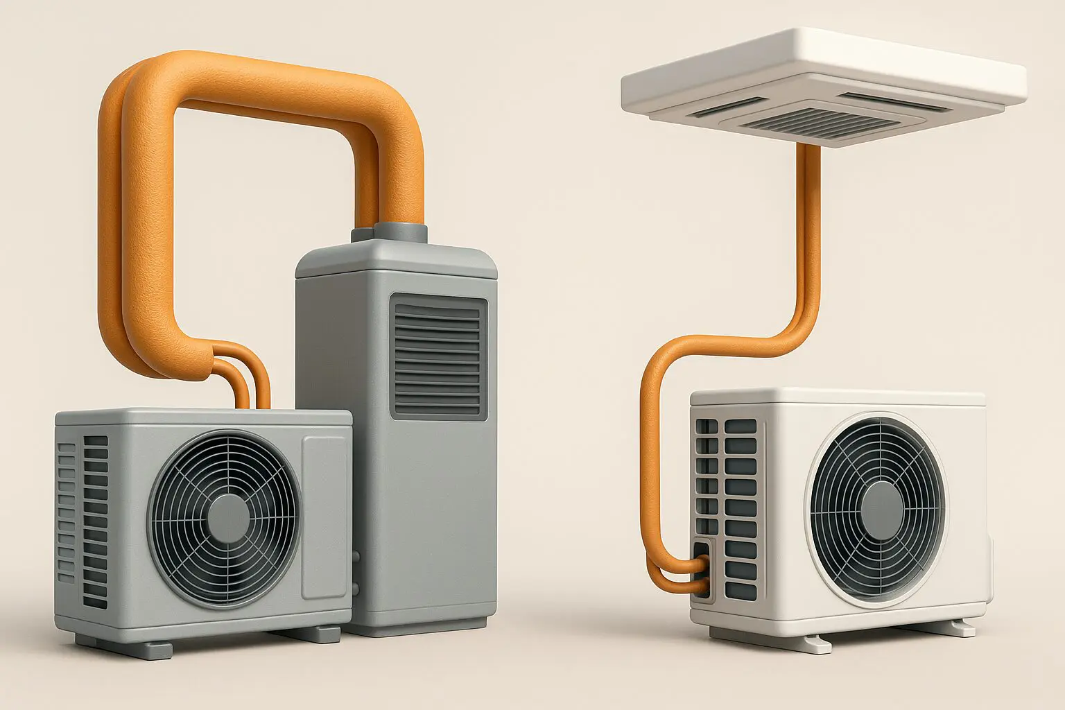 3D illustration comparing SpacePak high velocity HVAC system and ductless mini-split system side by side, showing installation differences for Chicago homes.
