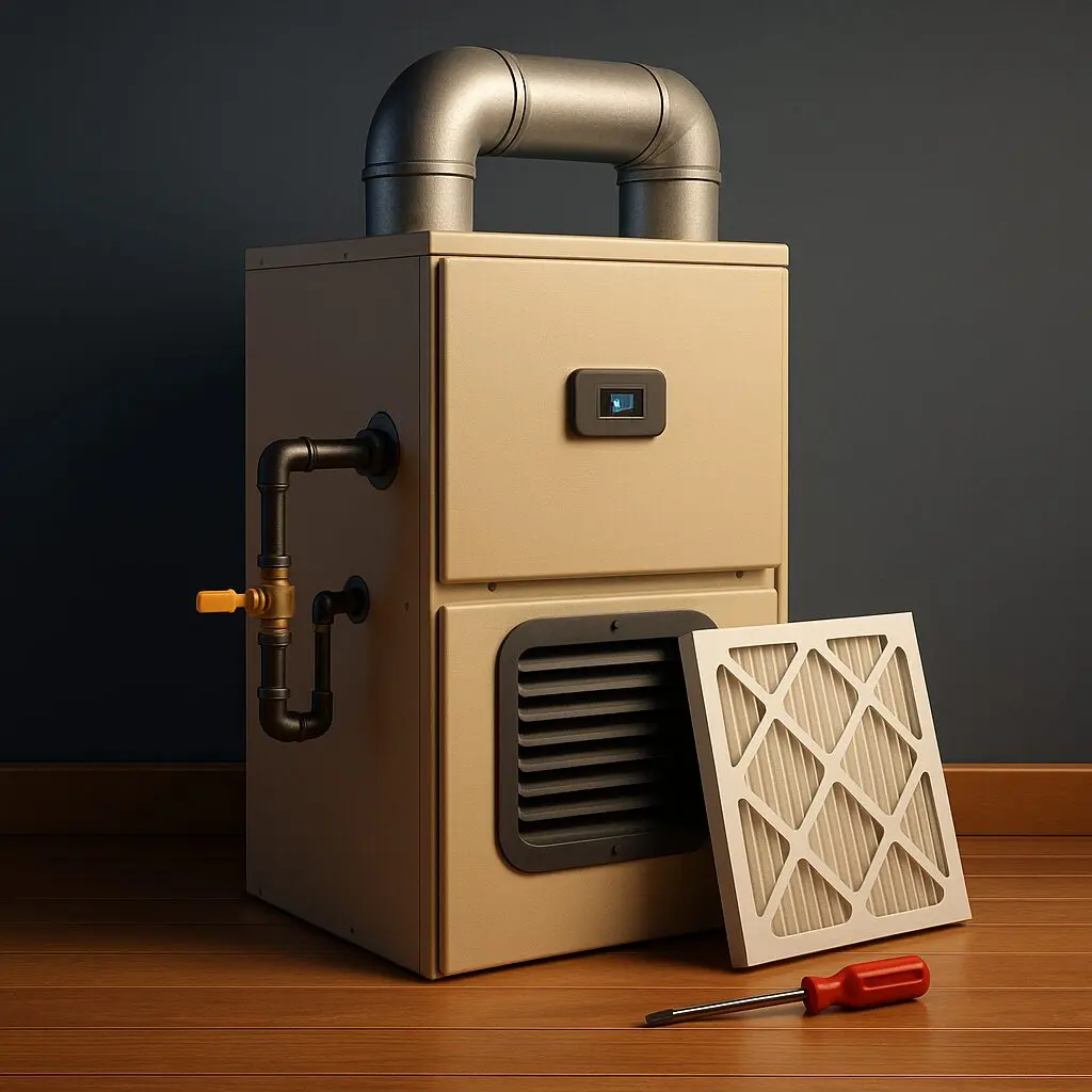 3D image of a professional HVAC technician performing annual furnace maintenance inside a Chicago home basement during winter.