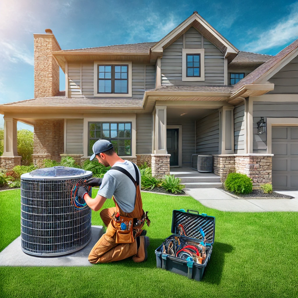 Professional HVAC technician installing a new air conditioning unit at a modern home in Winfield, IL, highlighting Eco Temp HVAC's expert AC installation service.
