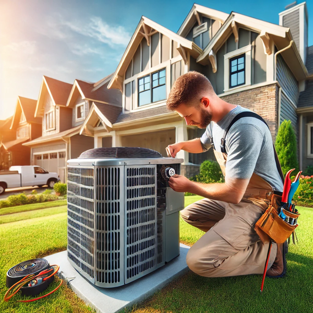 HVAC technician repairing an air conditioning unit outside a suburban home in Bartlett, IL, providing professional AC repair services.