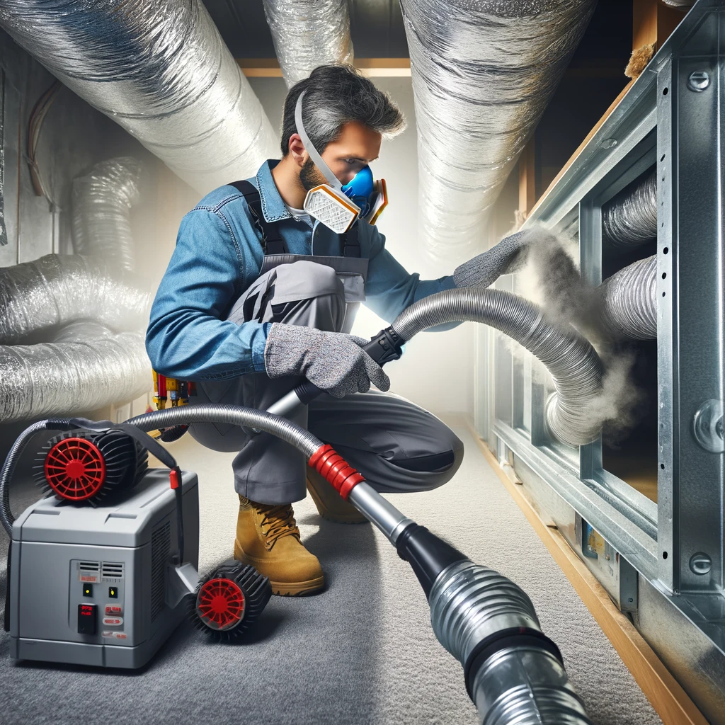 Professional HVAC technician cleaning air ducts in a residential home using specialized equipment.