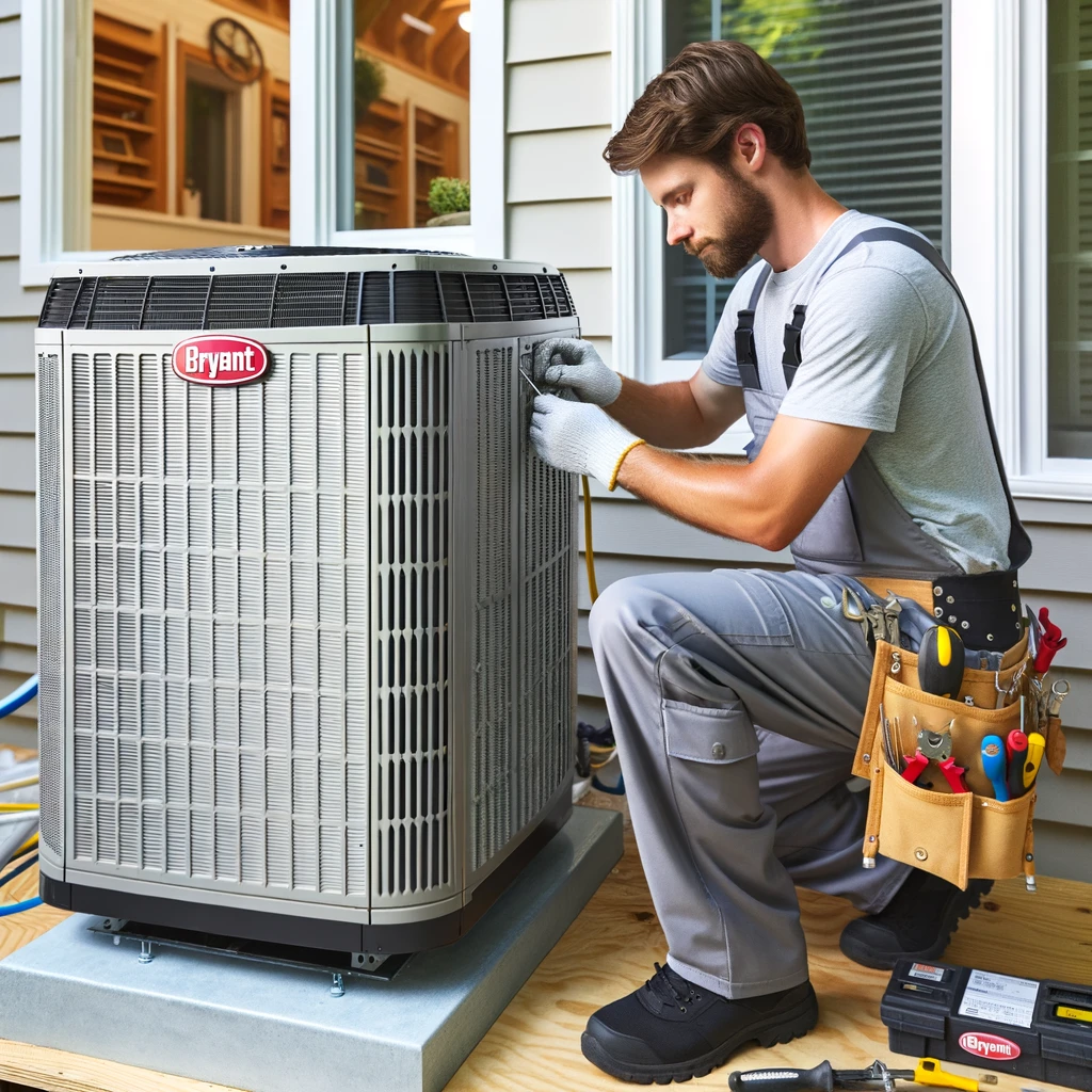 Eco Temp HVAC technician installing a Bryant air conditioner in a residential home in Hinsdale, IL