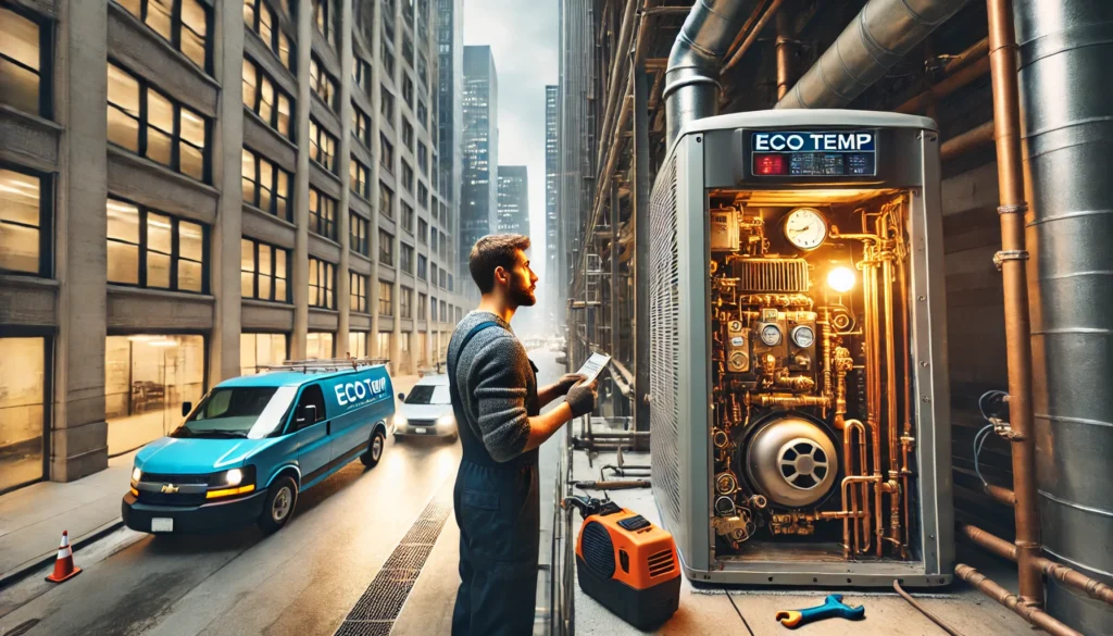 Eco Temp HVAC technician repairing a large commercial boiler system inside a commercial building in Chicago, ensuring efficient operation and reliability.