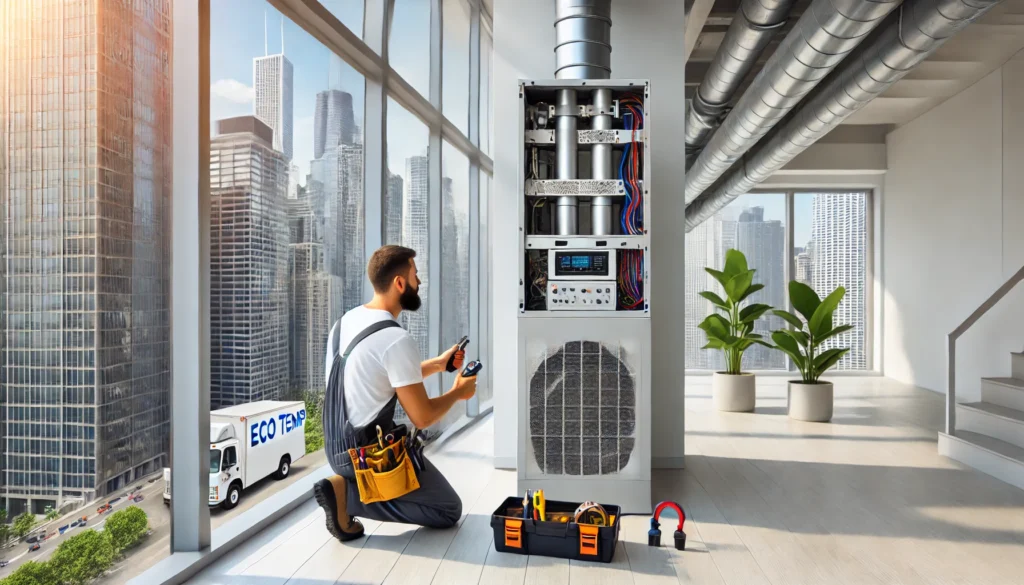 Eco Temp HVAC technician installing a humidification and dehumidification system in a commercial building in Chicago.