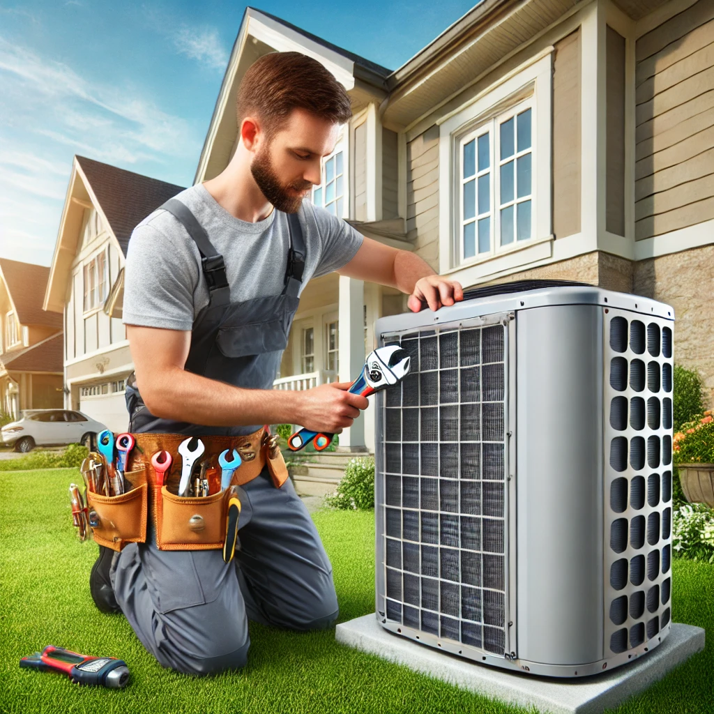 Professional HVAC technician installing a modern air conditioning unit in a residential home in Lombard, IL.