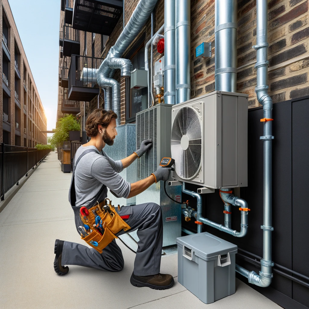HVAC technician installing a new heating and cooling system in a commercial building in Northbrook, IL.
