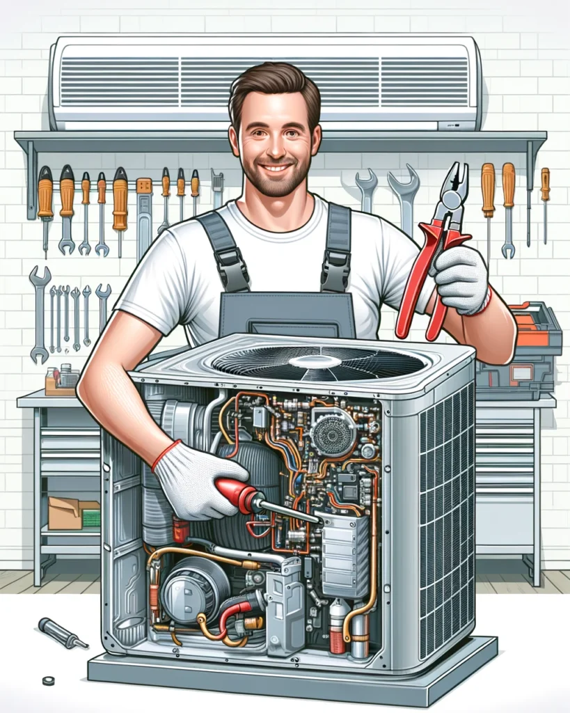 A friendly technician performing DIY air conditioning repair, using tools to fix a disassembled air conditioning unit in a clean, organized garage or workshop.
