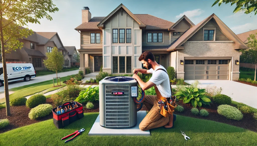 Eco Temp HVAC technician installing a central air conditioning unit outside a modern residential home in Island Lake, IL, with tools neatly arranged around the work area and a well-manicured lawn.