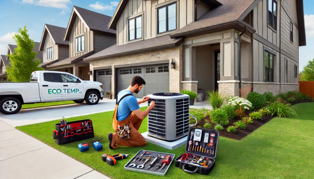 Eco Temp HVAC technician installing a central air conditioning unit outside a modern residential home in Vernon Hills, IL, with tools neatly arranged around the work area and a well-manicured lawn.