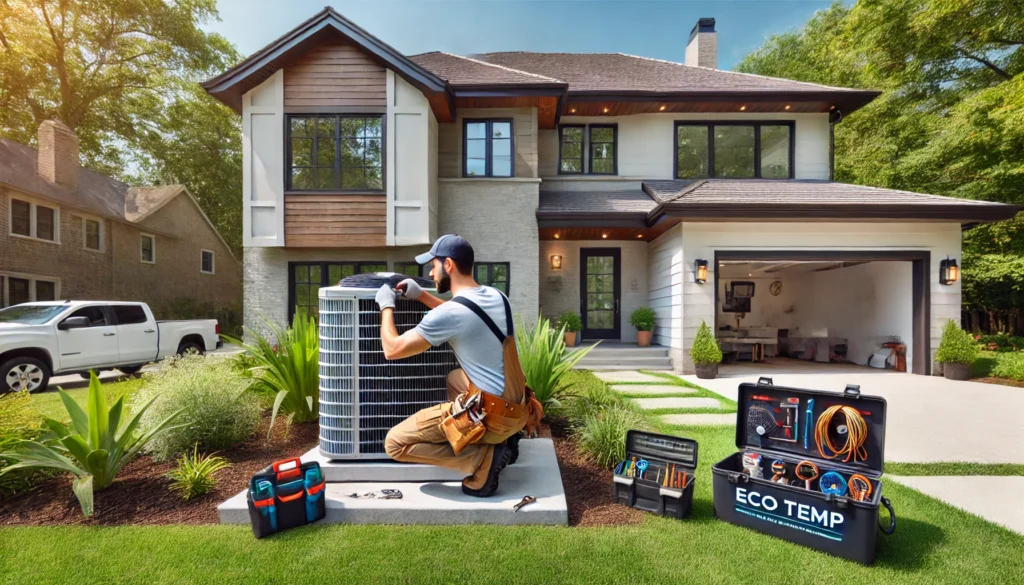Eco Temp HVAC technician installing a central air conditioning unit outside a modern residential home in Winnetka, IL, with a well-manicured lawn and a clear blue sky.