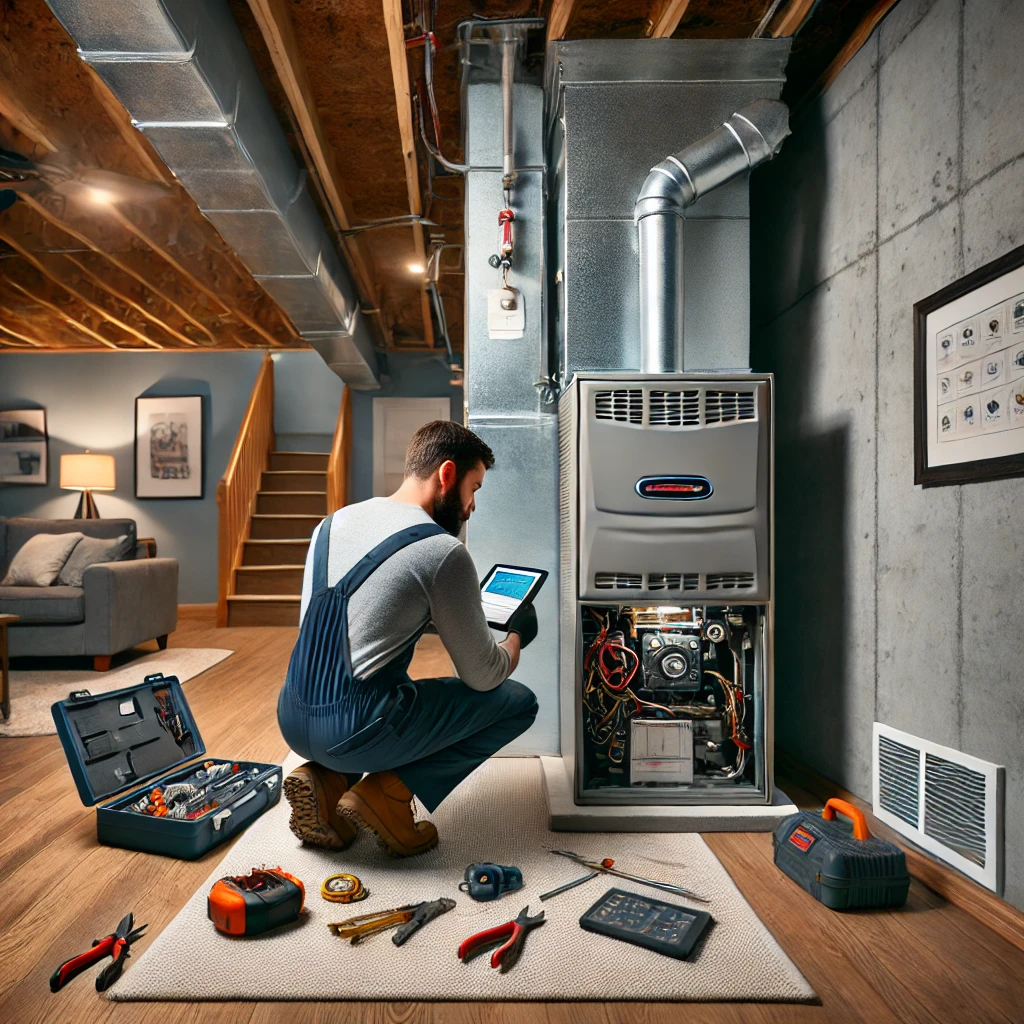 HVAC technician performing furnace repair inside a suburban home basement in Downers Grove, IL.