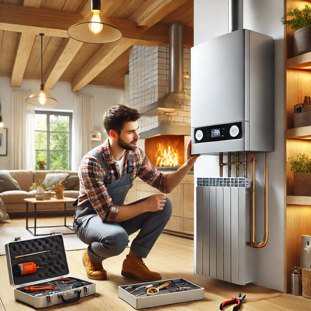 Professional HVAC technician performing maintenance on a residential boiler system in Schaumburg, IL, ensuring efficient heating performance.