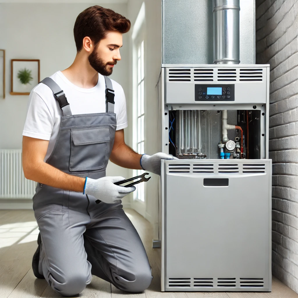 A professional HVAC technician servicing a heating and cooling system in Riverside, IL, ensuring energy-efficient and reliable performance for residential homes.