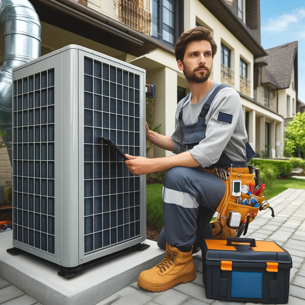 HVAC technician installing a heating and cooling system in a residential building in Will County, IL.