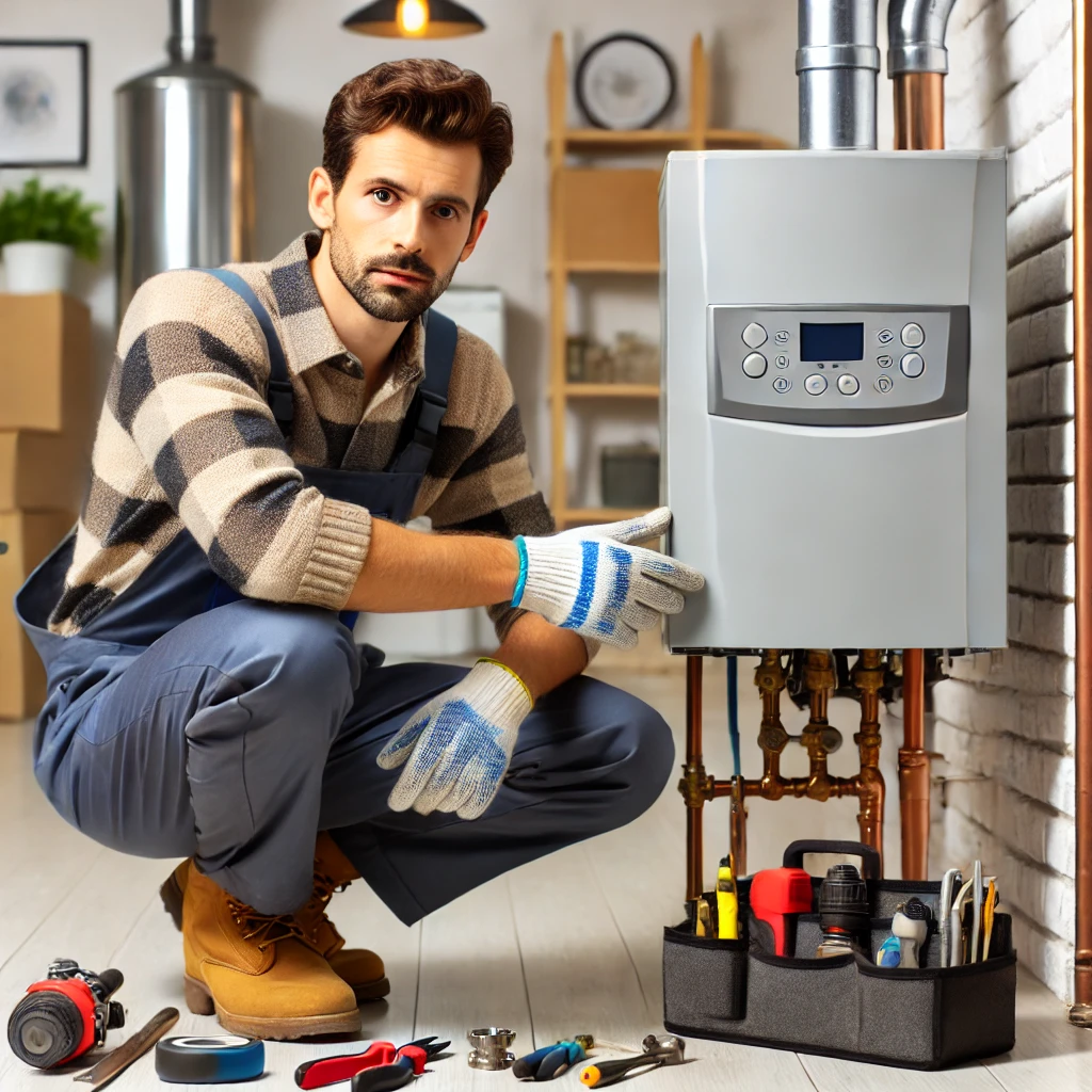 A professional HVAC technician repairing a boiler system in a residential basement in Buffalo Grove, IL, showcasing expert HVAC repair services by Eco Temp HVAC.