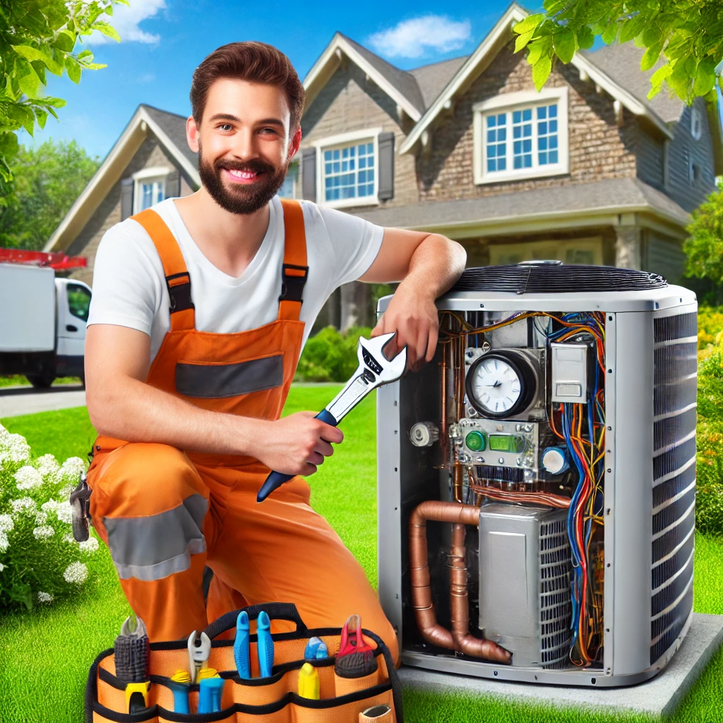 A professional HVAC technician servicing a heat pump system outside a suburban home in Grayslake, IL, representing expert HVAC solutions provided by Eco Temp HVAC.