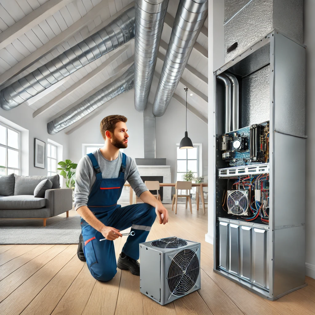 HVAC technician performing maintenance on a sleek HVAC system in a bright and modern home in Antioch, IL, highlighting professionalism and expertise.