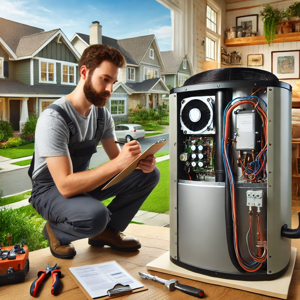 A professional HVAC technician servicing a modern heat pump in Bartlett, IL, representing Eco Temp HVAC's top-rated heat pump services.