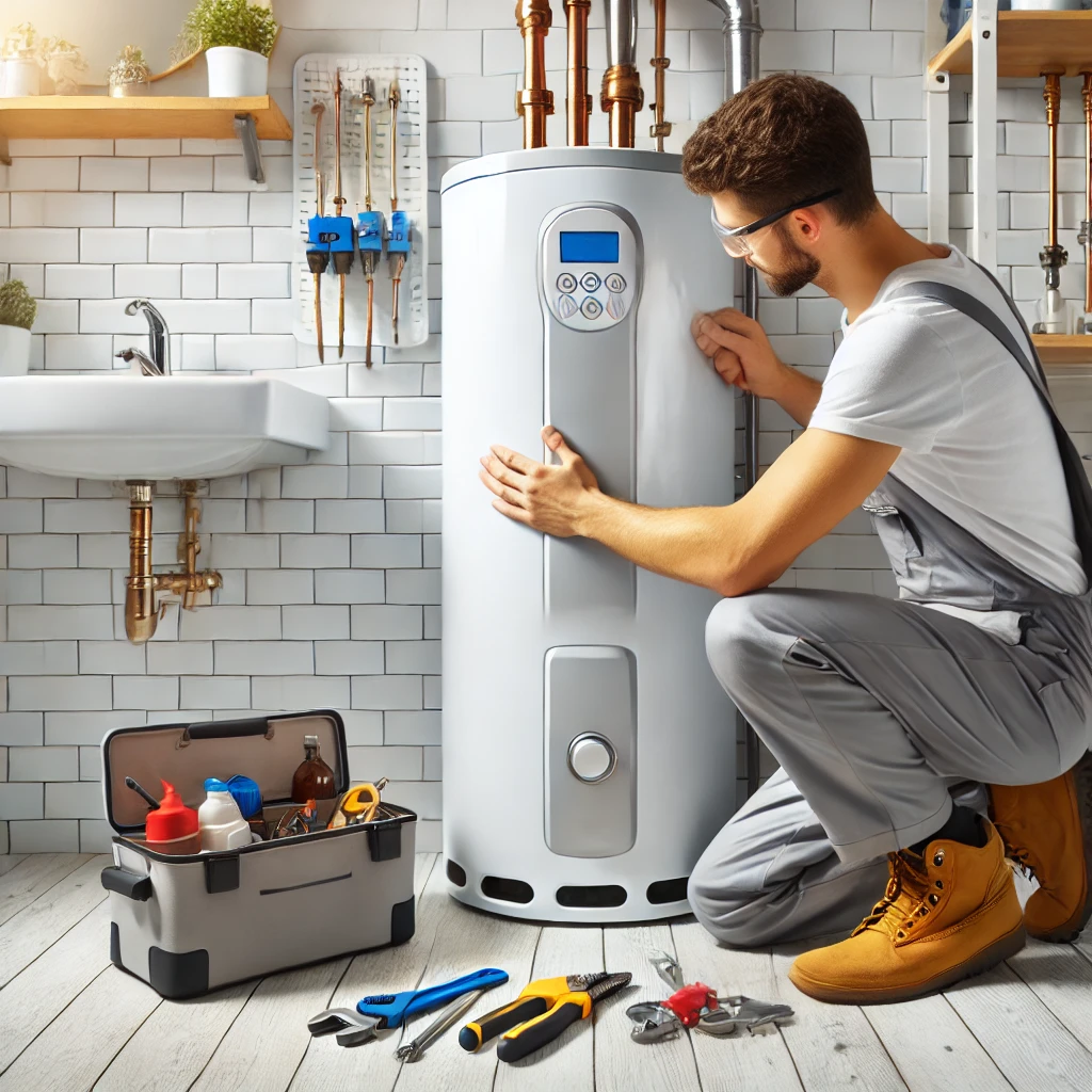 A professional plumber repairing a modern water heater in a well-lit residential utility room, representing Eco Temp HVAC services in St. Charles, IL.