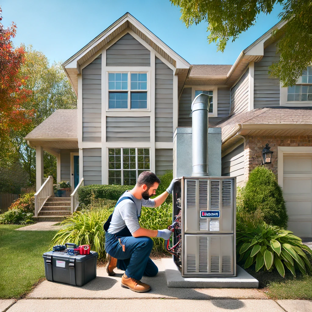 HVAC technician performing a furnace repair at a suburban home in Bartlett, IL, on a bright day.