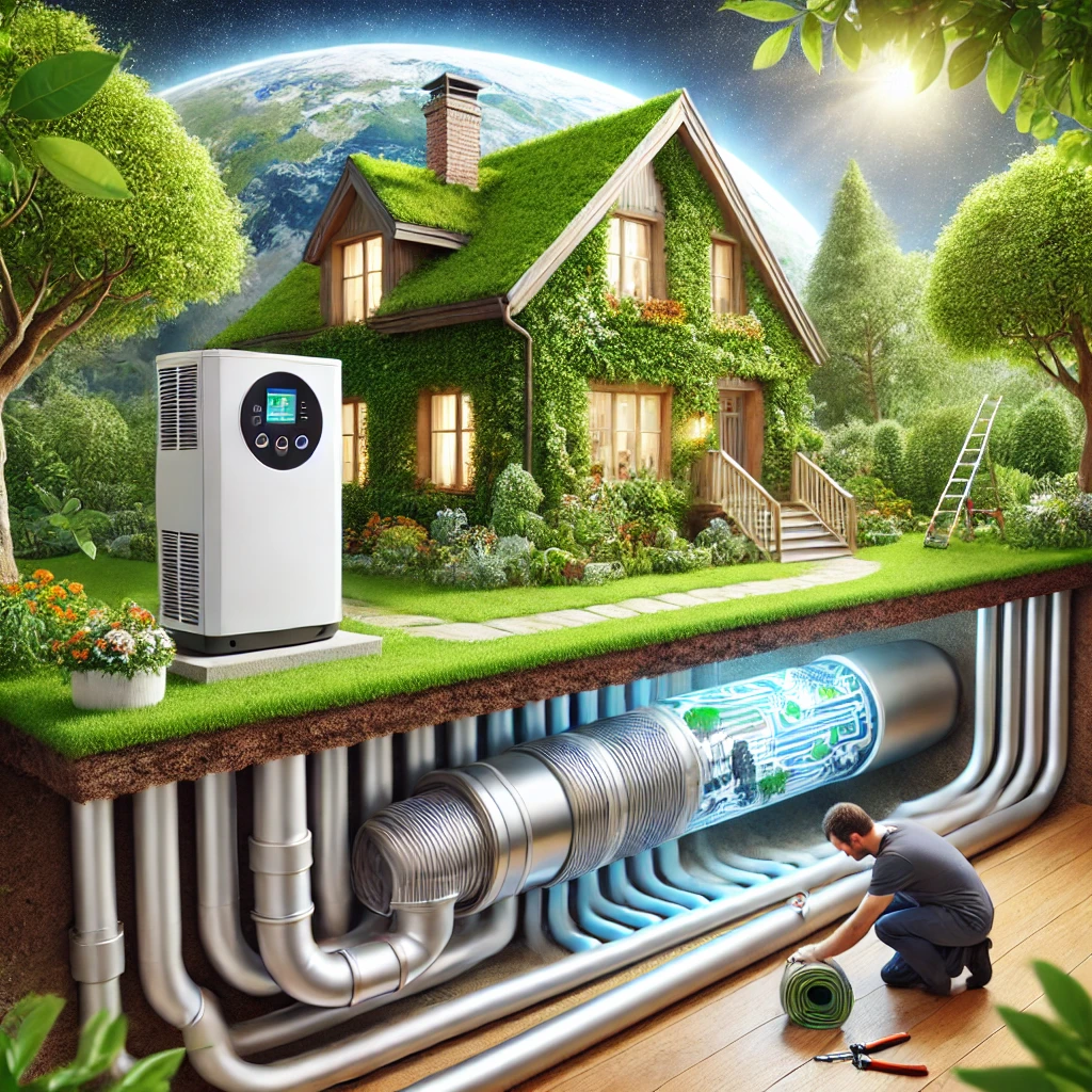 Professional installation of an energy-efficient geothermal heating system in a suburban Chicago home, promoting eco-friendly heating solutions.