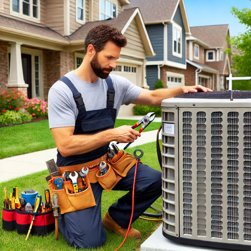 Professional HVAC technician installing a modern air conditioning unit outside a home in Gurnee, IL.