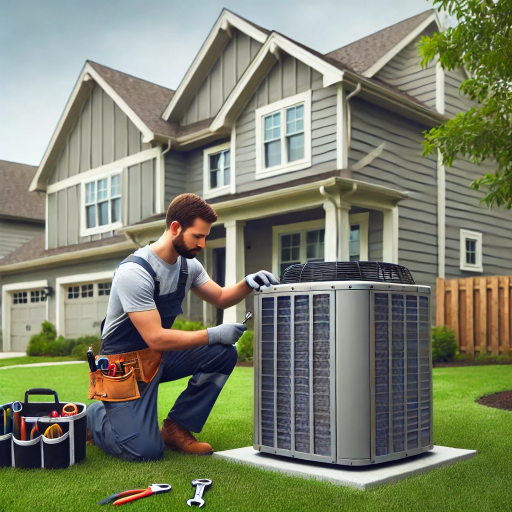 HVAC technician performing maintenance on an outdoor AC unit at a suburban home in Burlington, IL.