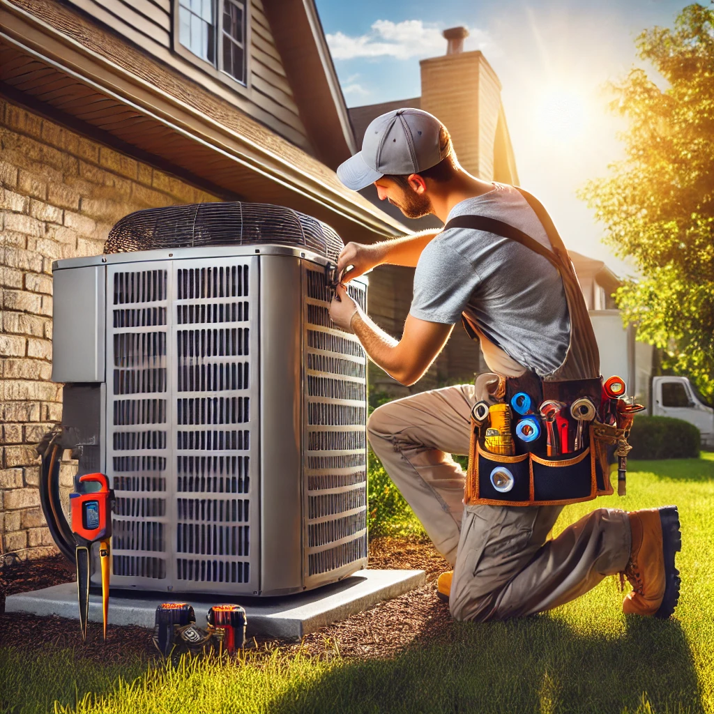 HVAC technician performing maintenance on an outdoor air conditioning unit at a suburban home in Wauconda, IL.