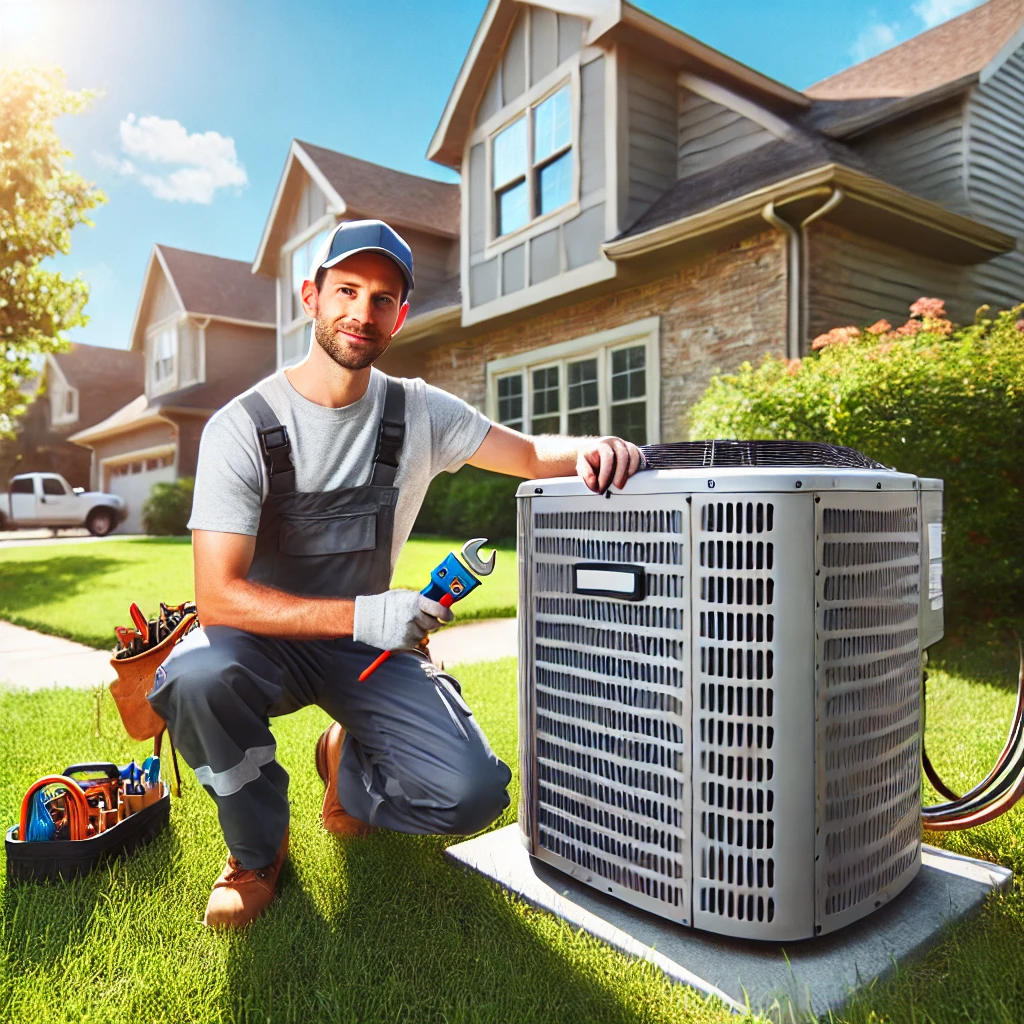 HVAC technician performing AC repair on an outdoor central air conditioning unit at a suburban home in Downers Grove, IL.